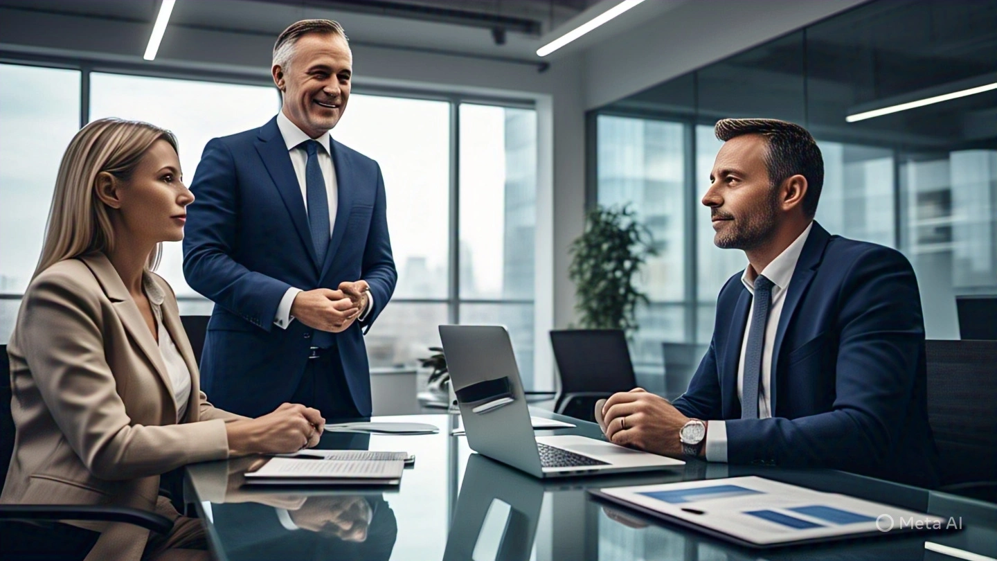 A professional financial advisor presenting a financial plan to clients in a modern office setting